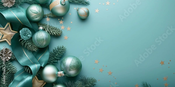 Fototapeta Vibrant teal-themed Christmas design with festive ornaments and ribbons in a whimsical style