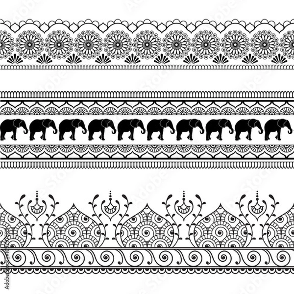 Fototapeta Mehndi henna border seamless pattern element with elephants and flower line lace in Indian style isolated on white background.