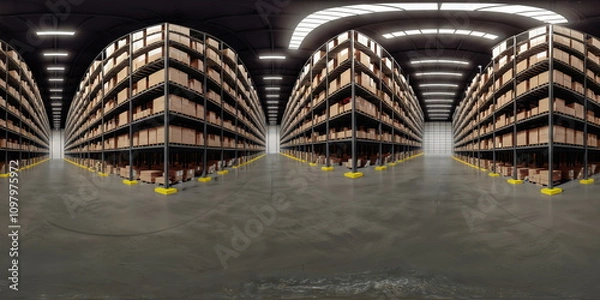 Obraz Full 360 degrees seamless spherical panorama HDRI equirectangular projection of large warehouse with shelves. Texture environment map for lighting and reflection source rendering 3d scenes.	
