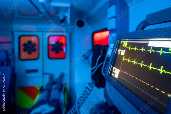 Fototapeta Selective focus on monitor of vital signs against patient on stretcher inside ambulance car of emergency medical service at night. Themes rescue, urgency and health care. .