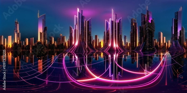 Obraz Full 360 degrees seamless spherical panorama HDRI equirectangular projection of A futuristic neon splashed metropolis. Texture environment map for lighting and reflection source rendering 3d scenes.	