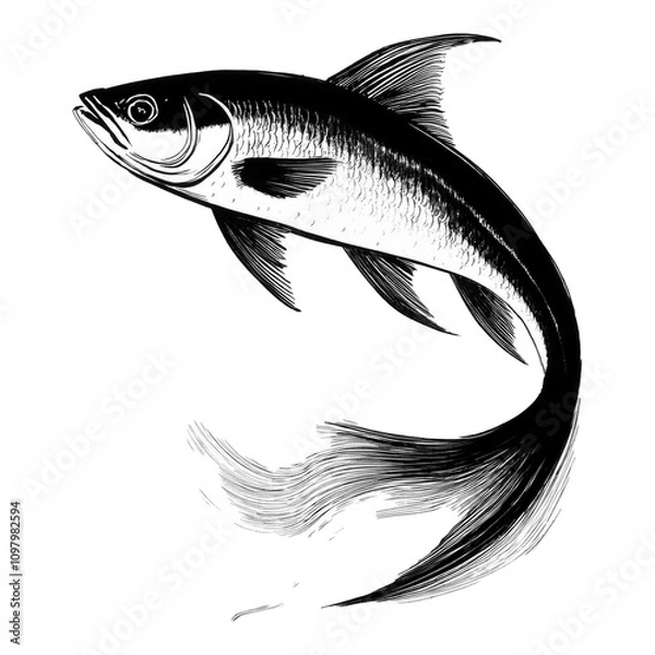 Fototapeta 魚の精巧なスケッチ風イラスト　透過背景の切り抜き