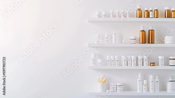 Obraz Empty medicine cabinet shelves reveal a life free from dependency, symbolizing health and self-reliance. Emptiness as a sign of wellness and proactive lifestyle choices.
