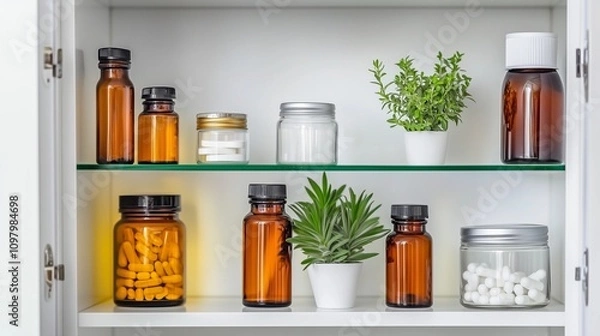Obraz Empty medicine cabinet shelves reveal a life free from dependency, symbolizing health and self-reliance. Emptiness as a sign of wellness and proactive lifestyle choices.