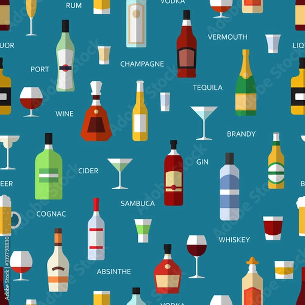Fototapeta Vector flat alcohol bottles pattern