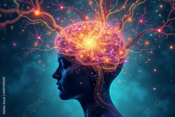 Fototapeta Profile of a woman with a glowing neural brain visualization, surrounded by energy and abstract connections.