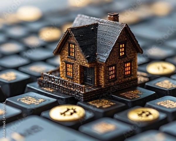 Fototapeta Miniature House on Computer Keyboard Surrounded by Digital Currency Symbols Representing Real Estate Investment and Cryptocurrency