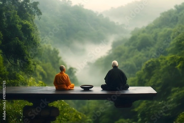 Obraz Wise experienced mentor imparting profound insights and life lessons to a reflective open minded mentee amid the serene misty surroundings of a tranquil forest