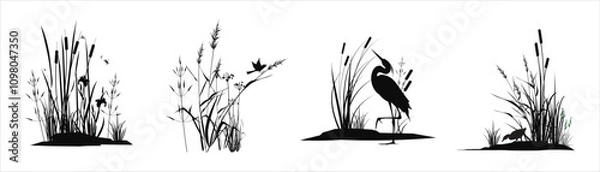 Fototapeta Swamp plants thickets - grass, reed, cane, cattail, umbrella rush,  marsh iris with a small bird, heron, duck, dragonflies. Set of monochrome silhouette landscape drawings isolated on white background