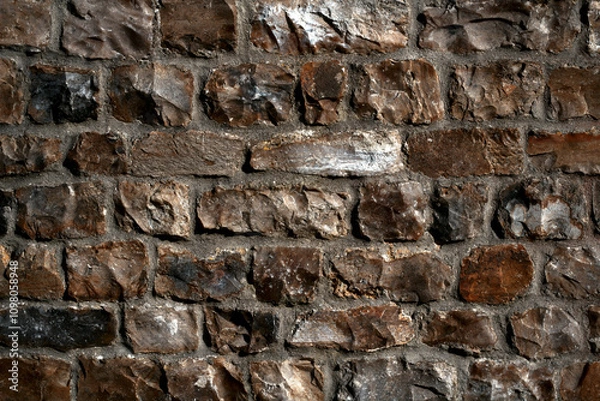 Fototapeta Close-up of a rough stone wall with irregular dark brown and gray bricks, natural texture background.  
