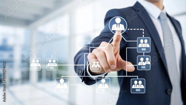 Fototapeta Man pointing to glowing digital organizational hierarchy in a corporate setting