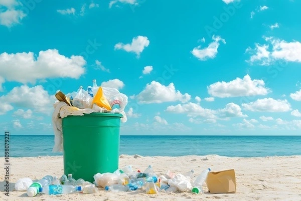 Obraz A trash can on the beach is overflowing with garbage, while plastic bottles and paper bags are scattered around it. The sky above features white clouds against an ocean backdrop