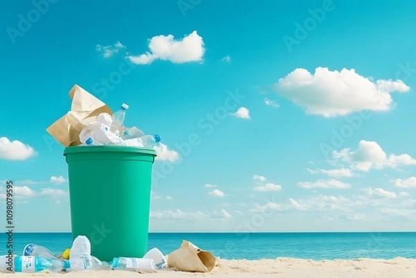 Fototapeta A trash can on the beach is overflowing with garbage, while plastic bottles and paper bags are scattered around it. The sky above features white clouds against an ocean backdrop