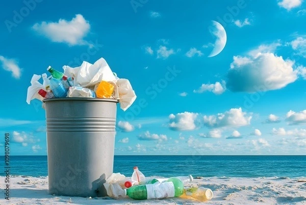 Fototapeta A trash can on the beach is overflowing with garbage, while plastic bottles and paper bags are scattered around it. The sky above features white clouds against an ocean backdrop
