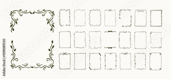 Fototapeta Set of doodle border frame design. Vintage ribbon bow line art corner sketch. Hand drawn coquette trendy cute wedding, Christmas menu, birthday invitation border card template. Vector outline illustra