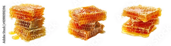 Fototapeta set of stack of honeycombs with dripping honey isolated on a transparent background.  