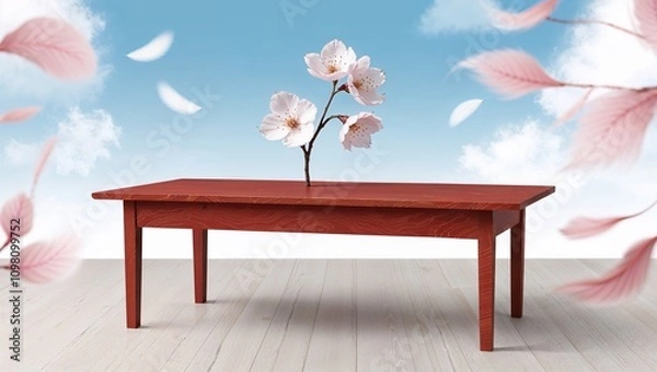 Fototapeta A red table serves as the base for a cherry blossom branch, with petals floating gently around, creating a peaceful and artistic ambiance.
