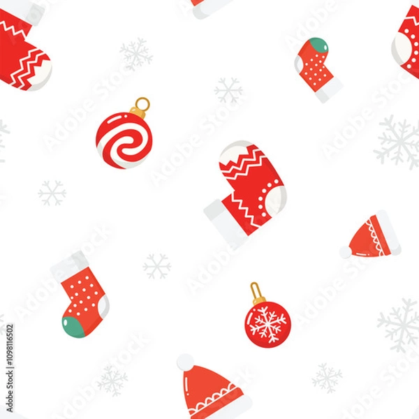 Fototapeta Christmas seamless pattern. Repeatable pattern of Christmas and New Year including Santa, reindeer, snow, gift ornaments or wallpaper, wrapping paper, card template or banner or textile print.