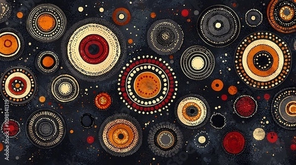 Fototapeta Tribal Pattern Inspired by Aboriginal Art with Dotted Lines and Circular Shapes in Brown Cream and Ochre Shades