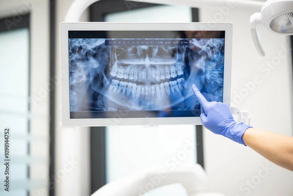 Fototapeta A dental professional wearing gloves points to a dental X-ray displayed on a monitor, highlighting details of a patient's teeth for review or diagnosis.
