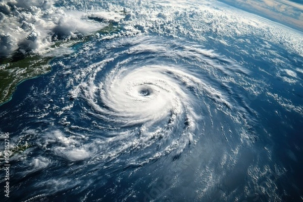 Fototapeta Satellite image reveals the evolution of hurricane over the atlantic, highlighting swirling clouds and intense weather events
