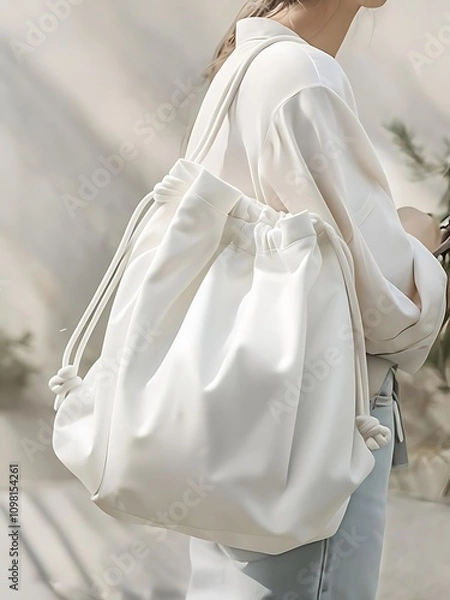 Fototapeta Minimalist White Drawstring Bag Worn by Model Photograph Mockup