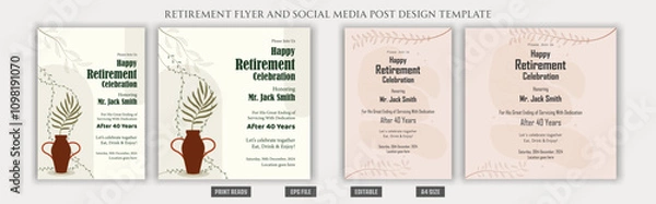 Fototapeta Retirement flyer. happy retirement flyer. retirement poster. retirement brochure. boho style bohemian flyer. social media post design. a4 layout squire eps print ready bundles clean natural fresh file