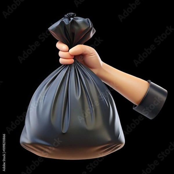 Obraz Hand holds a filled black garbage bag 3d cartoon-style illustration on a transparent background. AI Generative