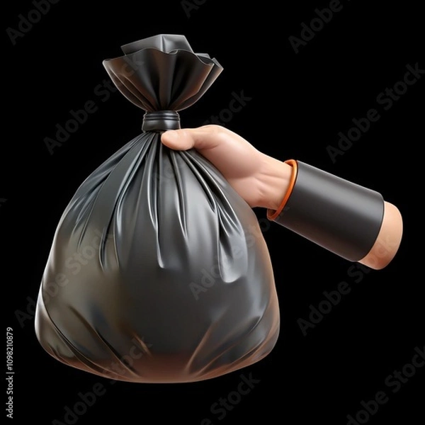 Obraz Hand holds a filled black garbage bag 3d cartoon-style illustration on a transparent background. AI Generative