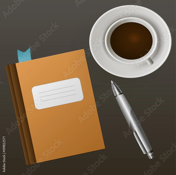 Fototapeta Записная книга блокнот ручка и чашка крепкого вкусного кофе 