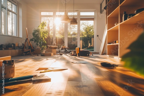 Obraz A contractor installs modern hardwood flooring in a bright living room, surrounded by quality tools, focusing on craftsmanship and precision.