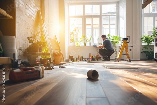 Obraz A contractor installs modern hardwood flooring in a bright living room, surrounded by quality tools, focusing on craftsmanship and precision.