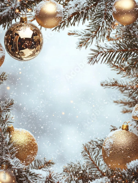 Obraz Elegant Christmas Wreath with Golden Baubles and Frosted Branches Framing a Blank Center for Holiday Text with Snow Falling in a Festive Atmosphere