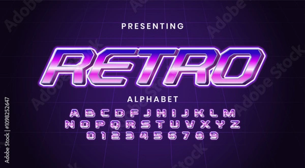 Fototapeta Retro Futuristic 80s font style. Vector alphabet with chrome effect template for game title, poster, disco nightlife and neon pink glow light editable text effect.headline, old style