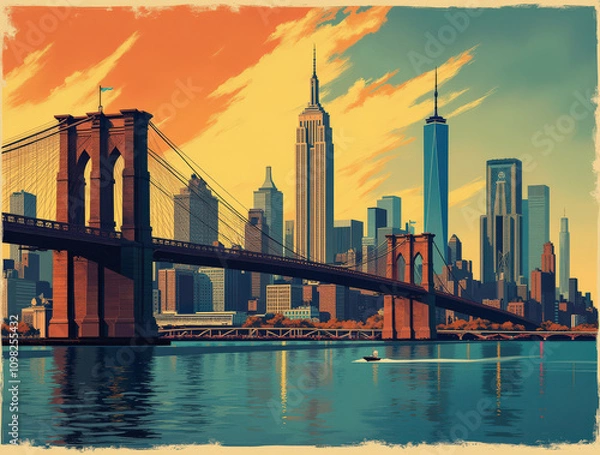 Fototapeta Art Deco Travel Poster of Iconic New York City Skyline, Empire State Building, and Brooklyn Bridge - Perfect for Vintage Decor Enthusiasts