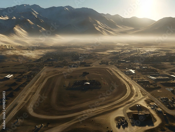 Obraz Desert Racetrack 3D Illustration: Aerial View of Oval Track