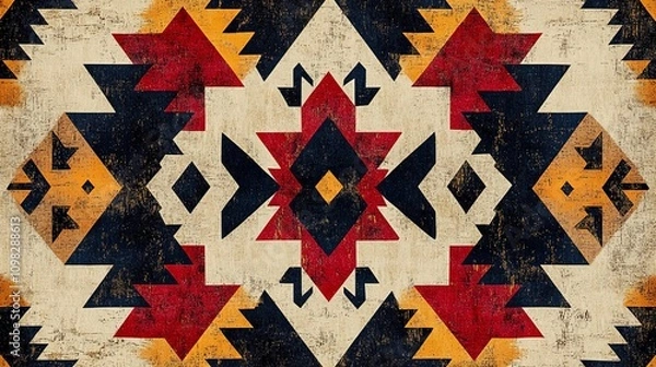 Fototapeta A vibrant, abstract textile pattern featuring rich reds, blacks, and yellows, inspired by traditional designs, perfect for artistic decor or fashion.