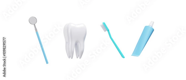 Fototapeta Set of 3d tooth with dental tool, toothbrush and toothpaste isolated on transparent background. Render. 3d render. PNG. Dentistry, medicine concept. 3D rendering, for web, ui, ux. Teeth
