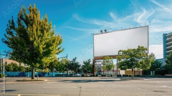 Fototapeta Empty Billboard Surrounded by Lush Trees in Urban Setting