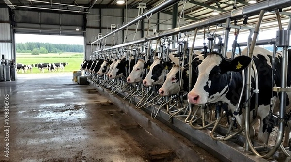 Obraz Dairy Cows in Milking Parlor: Holstein cows lined up for automated milking in a modern dairy farm facility.