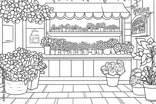 Fototapeta A coloring book page with an outline of inside flower shop view cornor 3/4. White background