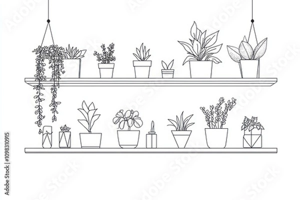 Fototapeta A simple coloring book page in minimalist line art style with no shadows and patterns, bold lines. The illustration shows a wooden wall shelf with plants and greenery, hanging planters on the shelves