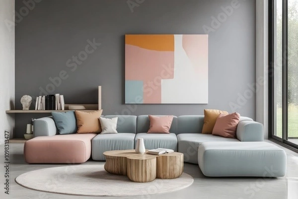 Fototapeta Render de una sala de estar moderna, espaciosa y luminosa con un estilo contemporÃ¡neo.