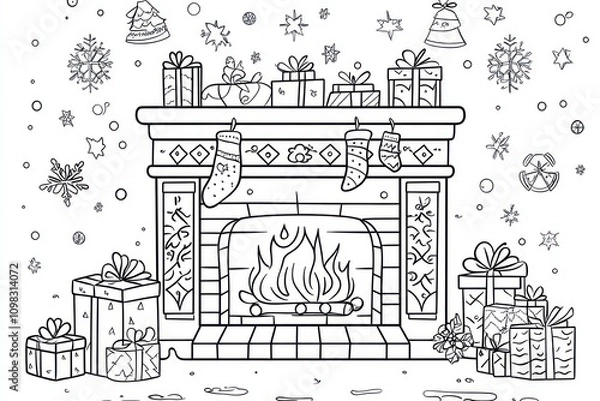 Fototapeta coloring page for child 1-3 years, simple lovely gute design, simple christmas fireplace , presents under the fire, cartoon style