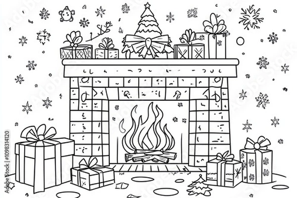 Fototapeta coloring page for child 1-3 years, simple lovely gute design, simple christmas fireplace , presents under the fire, cartoon style