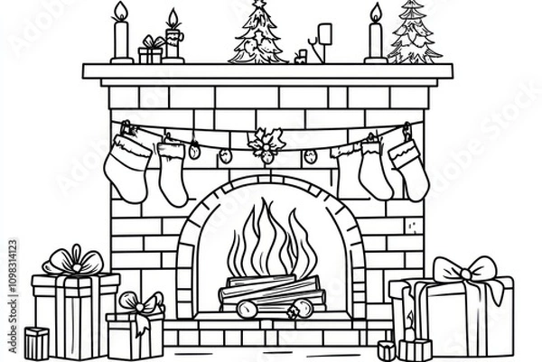 Fototapeta coloring page for child 1-3 years, simple lovely gute design, simple christmas fireplace , presents under the fire, cartoon style