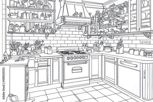 Fototapeta Create a high-quality, cartoon-style line drawing of a kitchen designed for an adult coloring book. The kitchen should feature various elements like a stove, refrigerator, countertops