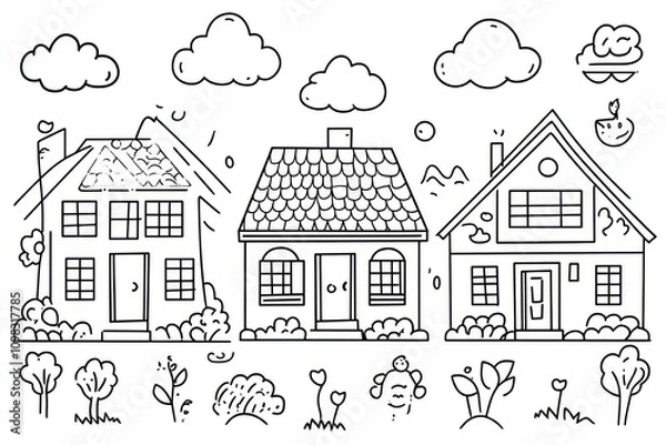 Fototapeta Kids coloring pages, building houses. Bold strips of black and white line art, clean style, outline art bold and exaggerated, cartoon style, no shading, digital drawing