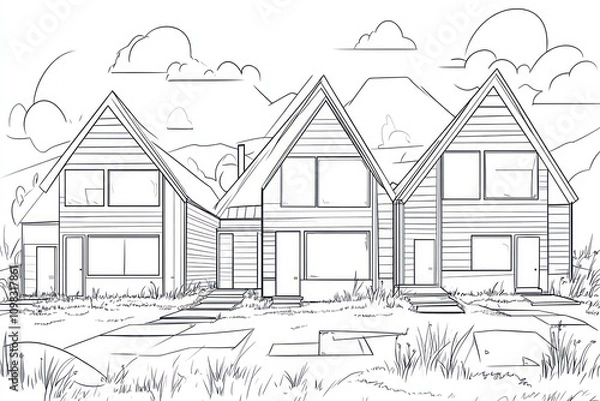 Fototapeta Kids coloring pages, building houses. Bold strips of black and white line art, clean style, outline art bold and exaggerated, cartoon style, no shading, digital drawing
