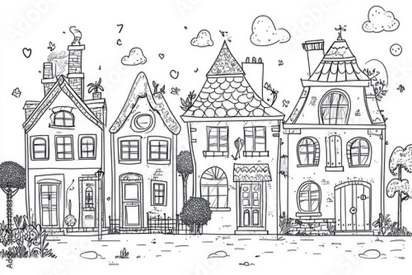 Fototapeta Kids coloring pages, building houses. Bold strips of black and white line art, clean style, outline art bold and exaggerated, cartoon style, no shading, digital drawing